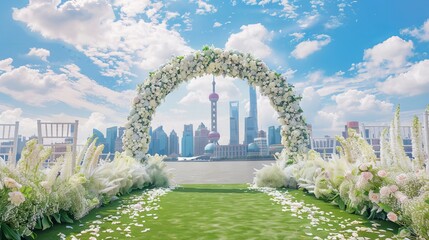 Outdoor event design, beautiful and white flower gate on the lawn, background is Shanghai Oriental Pearl TV tower