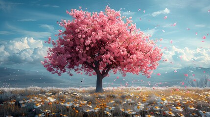 Wall Mural - a solitary cherry blossom tree in full bloom, standing in a meadow of daisies and other wildflowers,