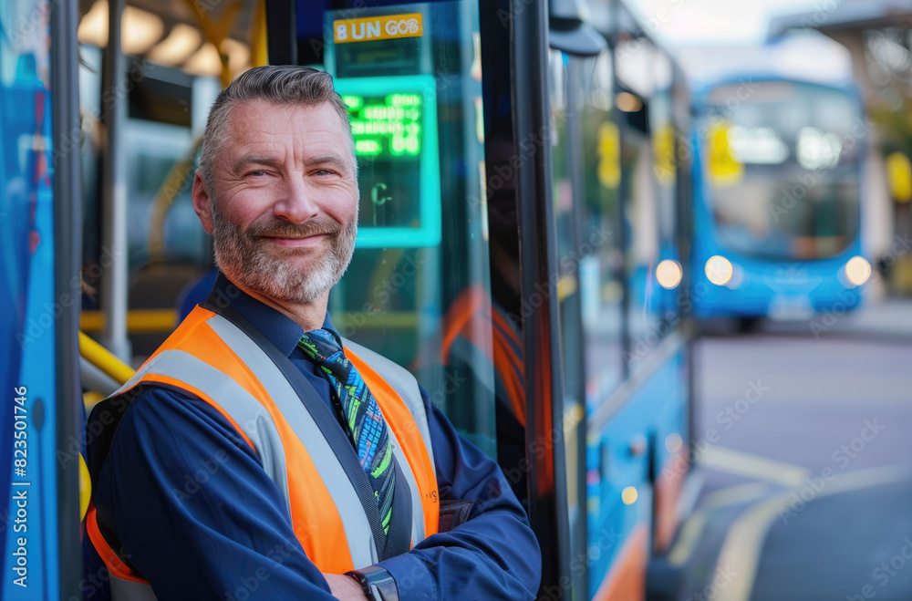A photo of the bus driver in his uniform smiling, standing next to an ...