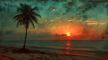 Wall Mural - a lone palm tree on a sandy beach, silhouetted against a colorful sunset sky. list of art media phot