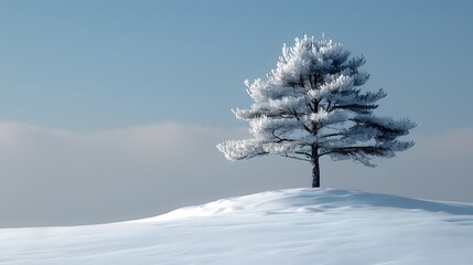 Wall Mural - a single pine tree on a snowy hill, with a backdrop of a clear, crisp winter sky. list of art media 