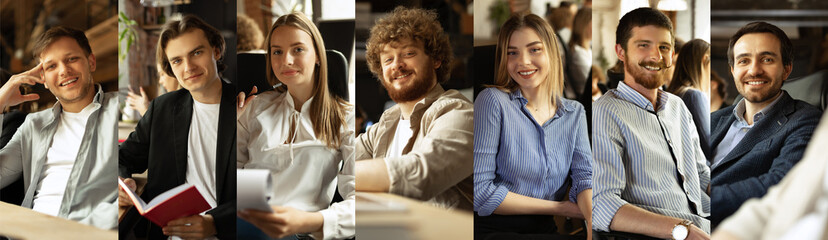 Cheerful and relaxed group of young different men and women, employees of same company smiling, sitting against office background. Concept of business, entrepreneurship, career, teamwork