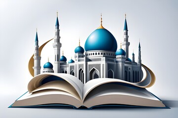 Wall Mural - creative Islamic holiday story banner template. Mini mosque and dessert scenery displayed on an open book. Monotone design. Translation: Eid Mubarak