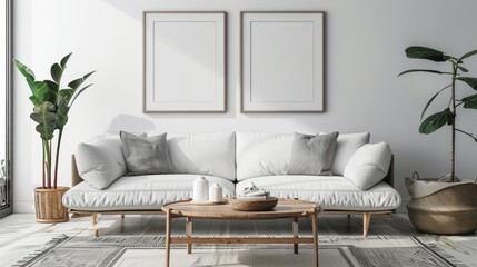 scandinavian living room interior with two empty frame oak --ar 16:9 Job ID: 4011334b-30a6-4237-b73f-e05c82b75fe7