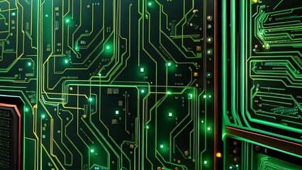 Wall Mural - Abstract digital technology background with circuit board patterns and glowing lights in dark green hues. Generative AI animation