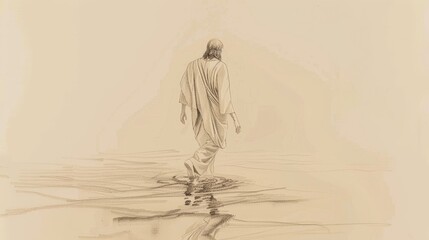 Wall Mural - Biblical Illustration of Jesus Walking on Water, Serene and Miraculous Scene for Religious Stock Photography