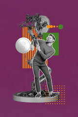 Poster - Creative abstract template collage of dancing man earning money tree trading golden coins celebrate bizarre unusual fantasy billboard