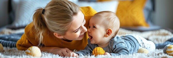 joyful bonding moment young mother giggling with three month old baby on bed with plush toys
