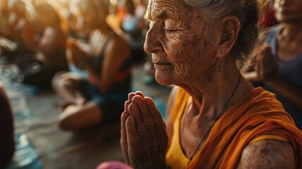 group of elderly women doing yoga in lotus position indoors