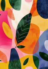 Poster - a colorful painting of a leafy plant with a blue and white background. multi colored vibrant pastel 