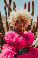 Wall Mural - Dramatic portrait of a model making bold fashion statement with a large pink wig in desert setting