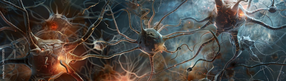 A detailed illustration of neuronal cells interconnected by synapses ...