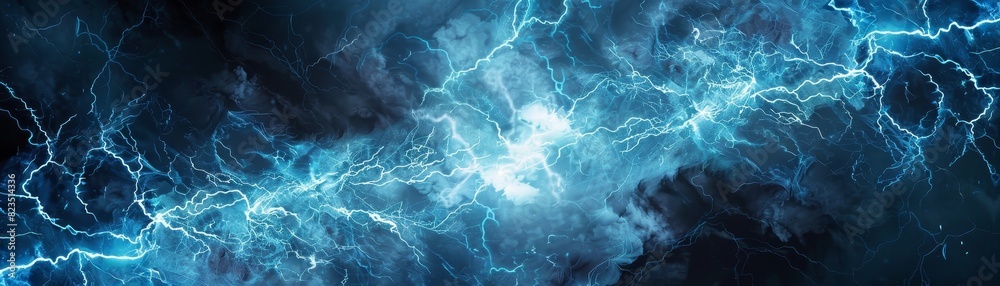 Abstract blue lightning strike in dark sky, electric storm and energy ...