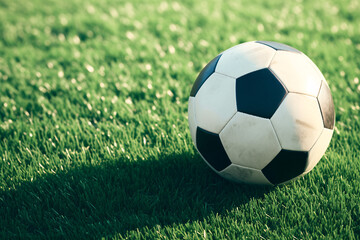 soccer ball casting a shadow on green grass in bright sunlight