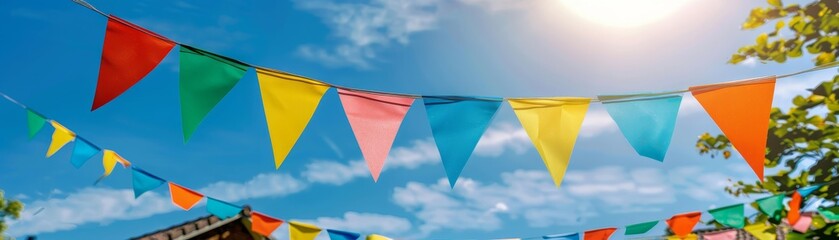 Colorful triangular pennant banners strung across under a bright blue sky and sunshine, perfect for a festive celebration or outdoor party.