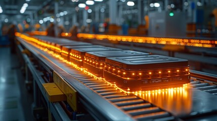 Sticker - Industrial robots on a conveyor belt in a manufacturing setting with orange hues are prominently featured