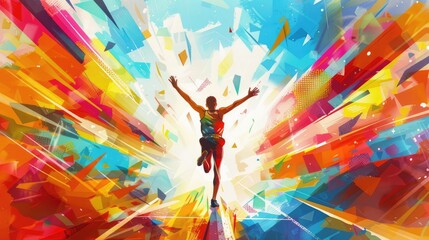 Colorful marathon winner finish background, sport and activity background, An inspiring marathon poster featuring a runner crossing the finish line, Abstract image elements and vibrant colors