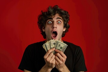 Aufkleber - A man holding a stack of money, can be used for finance or business concepts