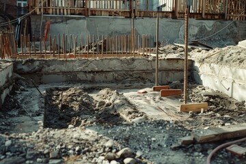 Poster - A construction site with a pile of rubble and a building in the background. Suitable for construction industry concepts