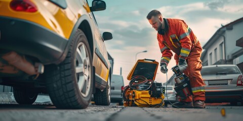 Wall Mural - A man in an orange uniform working on a car. Suitable for automotive industry promotions