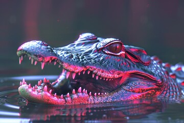 Poster - Close up of an alligator's head in the water. Suitable for educational materials or wildlife documentaries
