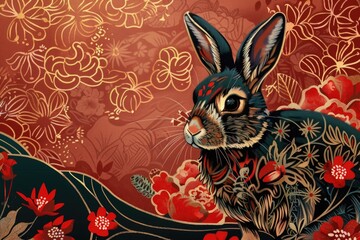 Canvas Print - A cute rabbit sitting in a colorful field of flowers. Perfect for nature or wildlife themed designs