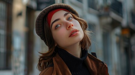 Aufkleber - A woman wearing a brown jacket and a red headband. Suitable for fashion or outdoor activities
