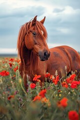 Poster - A beautiful brown horse standing in a field of red flowers. Perfect for nature and animal lovers