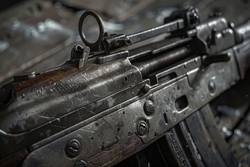 Poster - A detailed view of a machine gun on a table, suitable for military or security concepts