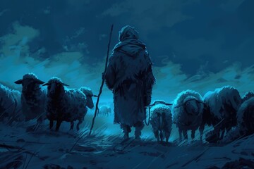 Poster - A man standing in front of a herd of sheep. Suitable for agriculture concepts