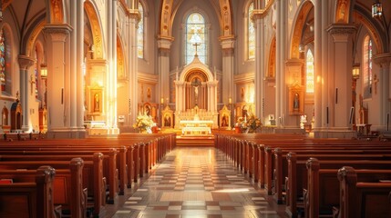 Leinwandbilder - An empty church interior with pews and a checkered floor. Suitable for religious or architectural concepts