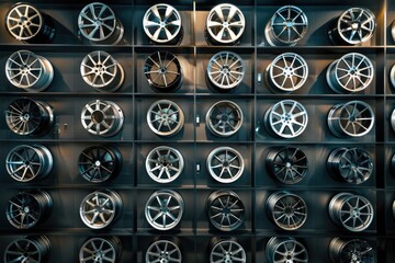 Poster - A wall of rims on display in a store. Ideal for automotive and retail concepts