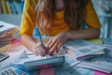 Poster - Woman sitting at table with calculator and pen, suitable for financial and business concepts