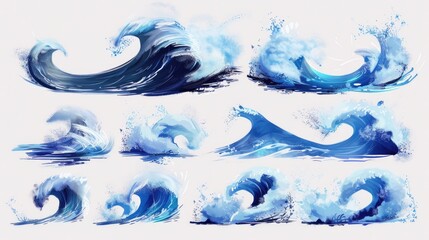 Poster - A collection of blue water waves on a white background. Perfect for graphic design projects