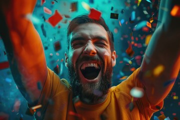 Poster - A man in a yellow shirt with hands up in confetti. Suitable for celebratory events
