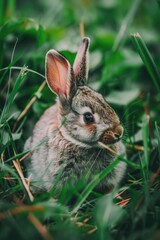 Aufkleber - A small rabbit sitting peacefully in the grass. Suitable for nature and wildlife themes