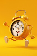 Poster - A yellow alarm clock with arms and legs running. Suitable for time management concepts
