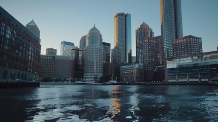 Poster - City skyline viewed from opposite river bank. Suitable for urban development concepts
