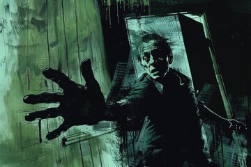 Poster - A man reaching out of a door, suitable for various concepts