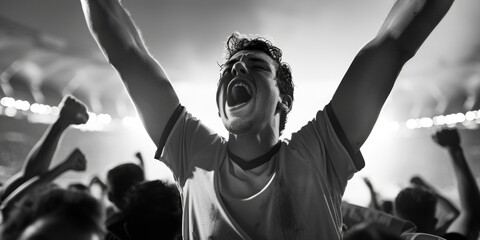 Poster - A man with his arms in the air at a lively concert. Suitable for music and entertainment concepts