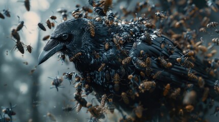 Poster - A large black bird surrounded by bees. Suitable for nature and wildlife concepts