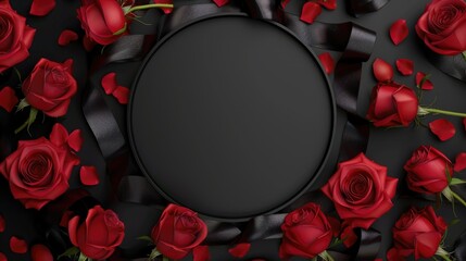 Poster - Round black frame surrounded by red roses. Ideal for romantic or elegant design projects