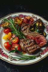 Aufkleber - A plate of meat and vegetables on a table. Suitable for food and cooking concepts