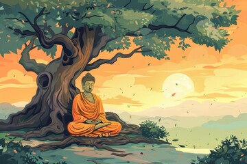 Poster - A peaceful scene of a person sitting under a tree with a beautiful sunset in the background. Suitable for nature and relaxation concepts