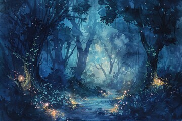 Poster - A painting of a stream in a dark forest, suitable for nature themes