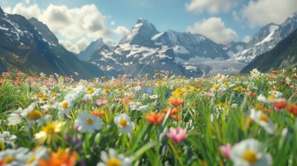 Aufkleber - A scenic view of colorful flowers in a field with majestic mountains in the background. Ideal for nature and landscape concepts