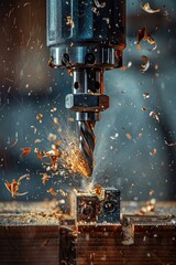 Poster - A drill cutting a piece of wood, ideal for construction projects