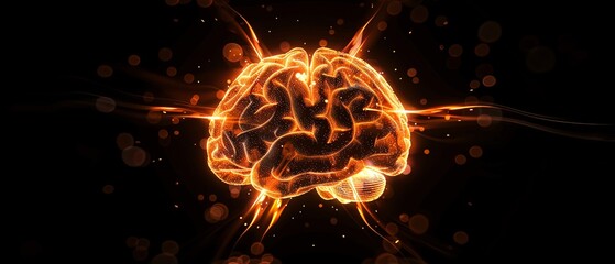 Wall Mural - Orange color digital hologram futuristic brain neuron link on a neuron connection, Artificial intelligence concept, isolated on black background