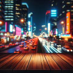 Wall Mural - Empty wooden table with neon light bokeh background, night view, blurred bokeh lights background