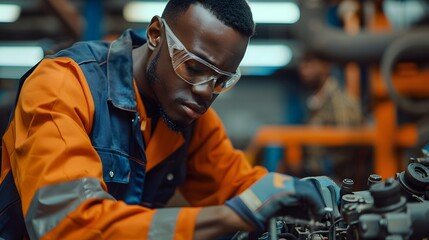 Wall Mural - A black male worker in an orange and blue uniform, wearing safety glasses while repairing the engine of his vehicle at work.
